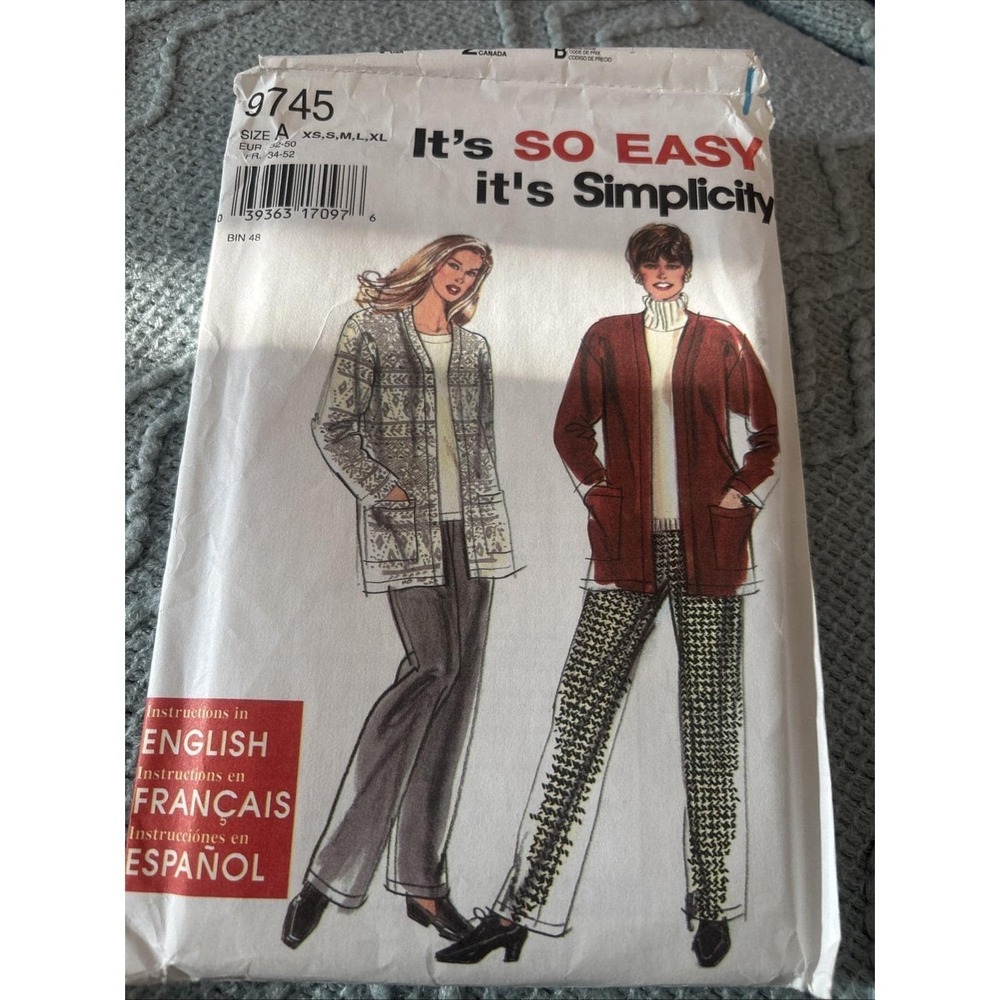 Simplicity 9745 Womens XS,S,M,L,XL Cardigan Pants  Sewing Pattern VTG UNCUT (G)